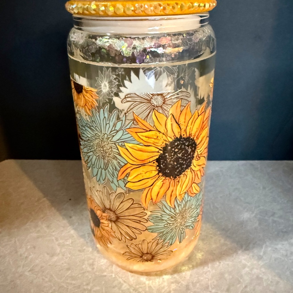 Floral Glass Glitter Tumbler  with Sunflower Design
